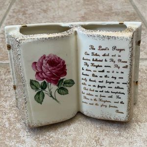 Ceramic Floral Book Figurine Vase Planter Religious Lord’s Prayer Vintage 1950s